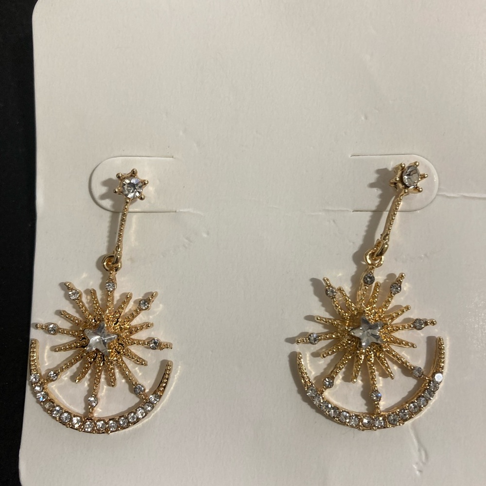 Starburst‎ Earrings Crescent Moon Crystals Gold Tone Drop Dangle 1.5"